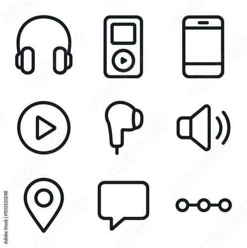 Audio Tour Icons. Outline icon set of self-guided audio tour: headphones, audio player, smartphone, play button, earbud, volume