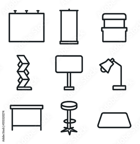 Exhibition Booth Icon Set. Outline icon set of exhibition booth stand: backwall panel, roll-up banner, podium, brochure stand,