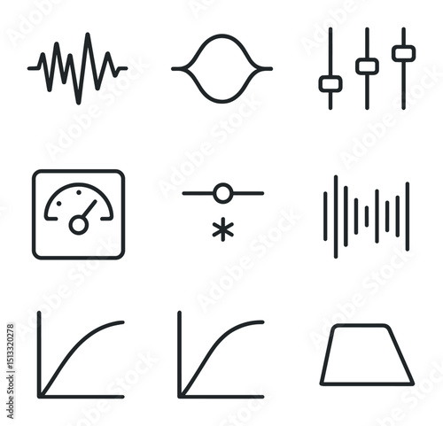 Audio Icon Set. Outline icon set of audio waveform smoothing: raw waveform, smoothed envelope, equalizer sliders, compressor icon,