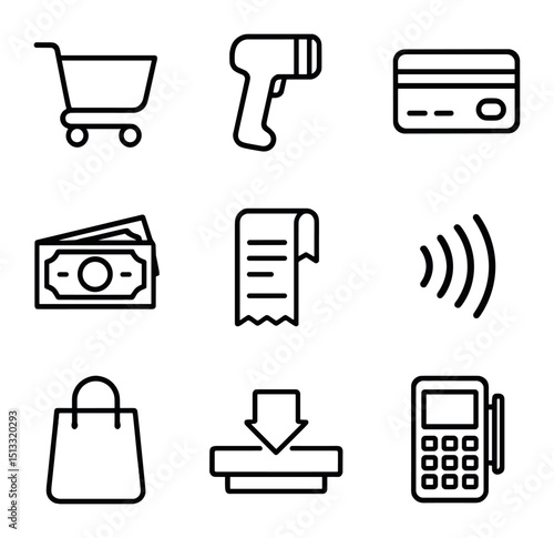 Checkout Icons Grid. Outline icon set of checkout and payment: shopping cart, barcode scanner, credit card, cash bills, receipt