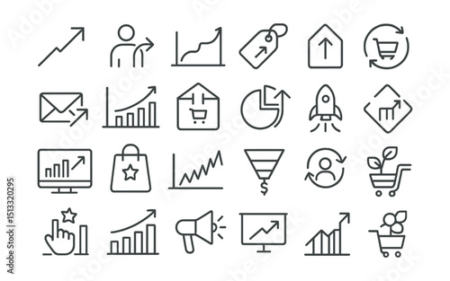 Line style icons of growth and scaling in e-commerce: growth arrow, customer acquisition icon, sales curve, scale-up tag, viral loop, campaign growth, product traction icon, market share icon, launch