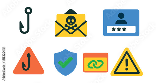 Flat vector icons of phishing and online threats: phishing hook, email scam, suspicious link, fake login, phishing alert, phishing prevention, link preview, warning triangle.