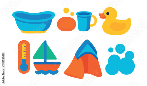 Flat vector icons of bath time essentials: baby tub, gentle soap, rinse cup, rubber duck, bath thermometer, water toy, hooded towel, bubble foam.