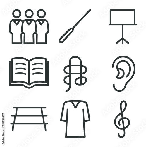 Choir Icon Set. Outline icon set of choir ensemble: choir group, conductor baton, music stand, open hymn book, harmony symbol, ear