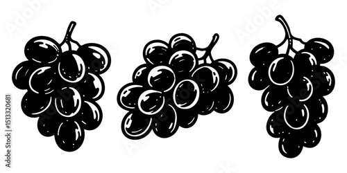 Black and white silhouette of three bunches of grapes side by side, simple and bold grape cluster illustrations perfect for fruit designs, wine themes, and nature art