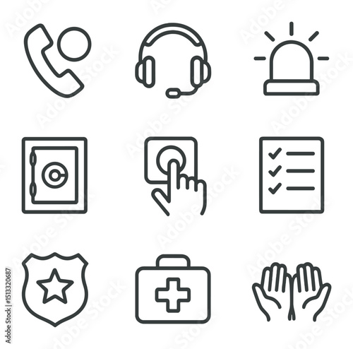 Crisis Intervention Icons. Outline icon set of crisis intervention symbols: emergency phone, hotline headset, alarm bell, safe