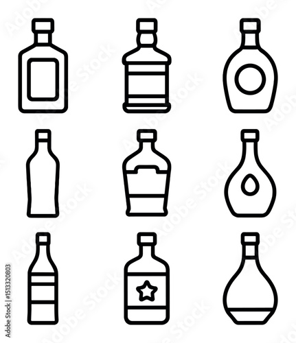 Classic Spirits Icons. Outline icon set of classic spirits: gin, whiskey, rum, vodka, tequila, brandy, vermouth, absinthe, cognac.