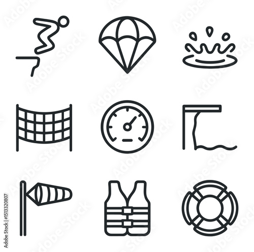 Cliff Diving Icons. Outline icon set of cliff diving and base jumping: diving silhouette, parachute canopy, splash circle, safety