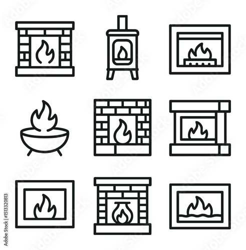 Fireplace Icon Set. Outline icon set of fireplace installation types: built-in hearth, freestanding stove, gas insert, electric