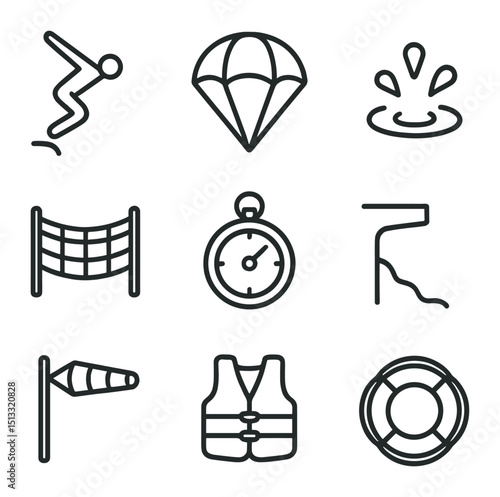 Cliff Diving Icons. Outline icon set of cliff diving and base jumping: diving silhouette, parachute canopy, splash circle, safety
