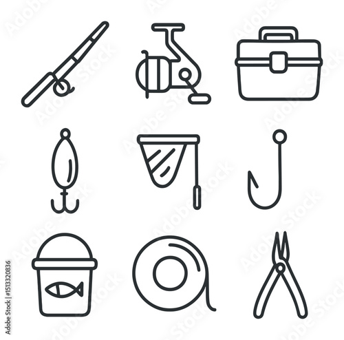 Fishing Gear Icons. Outline icon set of fishing gear: fishing rod, reel, tackle box, lure, net, hook, bait bucket, line spool,