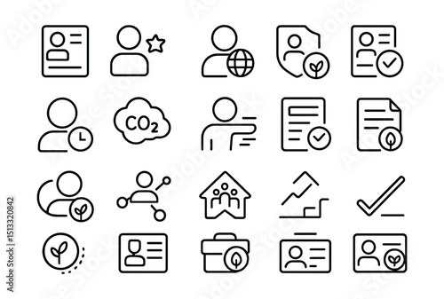 Line style icons of personal profiles and roles in climate action: bio profile page, contributor highlight, climate leader icon, project badge icon, verified green user, activity log tile, carbon