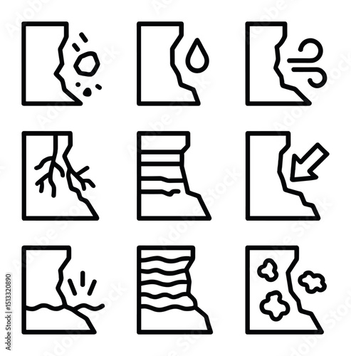 Cliff Erosion Icons. Outline icon set of cliff erosion processes: falling rock, water drip, wind swirl, root crack, sediment layer