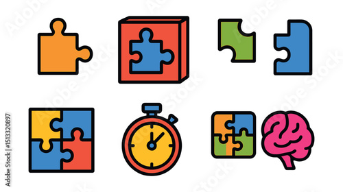 Flat vector icons of puzzles: jigsaw piece, puzzle box, corner piece, edge piece, puzzle board, timer, completed puzzle, brain icon.