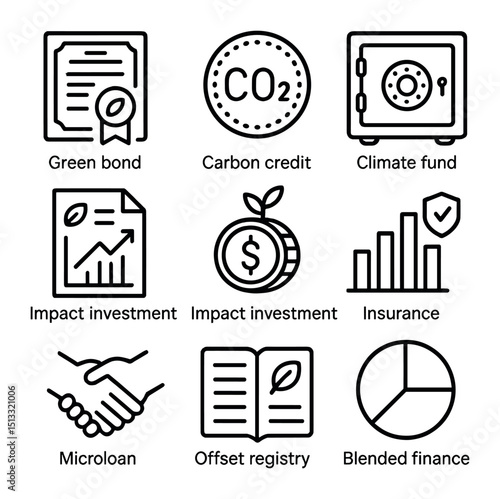 Climate Finance Icons. Outline icon set of climate finance instruments: green bond certificate, carbon credit token, climate fund