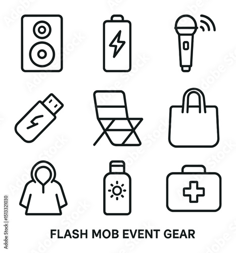 Flash Mob Essentials. Outline icon set of flash mob event gear: portable speaker, battery pack, wireless mic, USB drive, foldable