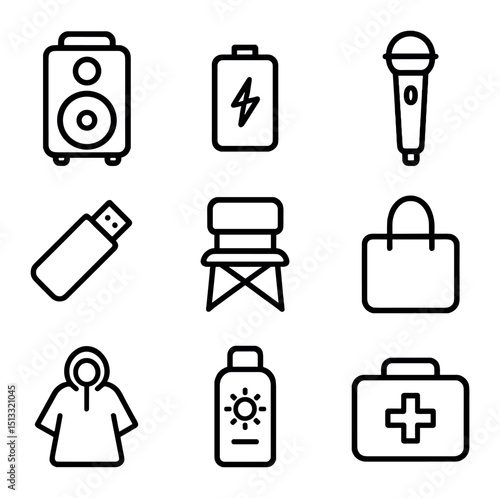 Flash Mob Essentials. Outline icon set of flash mob event gear: portable speaker, battery pack, wireless mic, USB drive, foldable