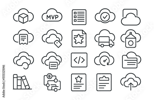 Line style icons of cloud-based project products: cloud prototype icon, MVP in cloud, product backlog panel, cloud testing badge, virtual product tile, digital sprint doc, cloud storage tag, product