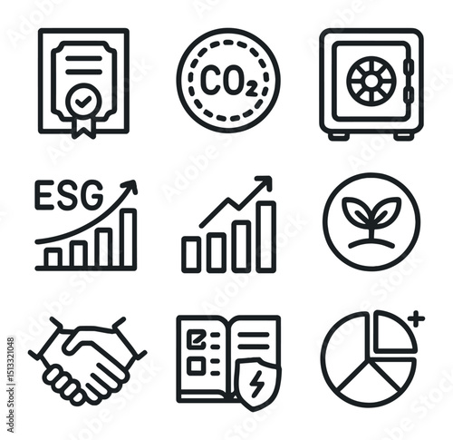 Climate Finance Icons. Outline icon set of climate finance instruments: green bond certificate, carbon credit token, climate fund
