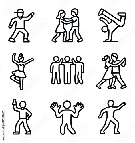 Dance Icon Set. Outline icon set of dance and choreography: hip-hop dancer, salsa couple, breakdance freeze, ballet pose, line