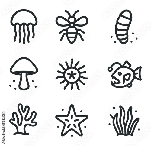 Bioluminescent Icons Grid. Outline icon set of bioluminescent nature: jellyfish, firefly, glow worm, mushroom, plankton, deep-sea