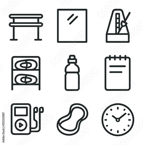 Dance Class Essentials. Outline icon set of dance class essentials: barre, mirror, metronome, dance shoes rack, water bottle,