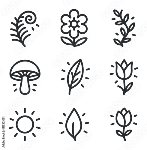 Bioluminescent Flora Icons. Outline icon set of bioluminescent flora: glowing fern, luminescent flower, radiant vine, phosphor