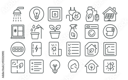 Line style icons of home sustainability and eco habits: low-flow shower icon, LED bulb badge, smart thermostat tile, unplug device icon, solar panel roof, window insulation tag, rainwater collector,