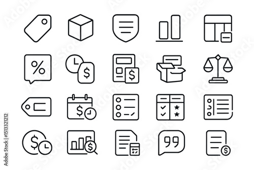Line style icons of rates, pricing, and service tiers: price tag icon, package bundle tile, service menu badge, starter–pro–premium layout, pricing plan grid, quote request icon, hourly + fixed tag,