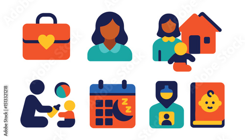 Flat vector icons of nannies and caregivers: nanny bag, nanny profile, home visit icon, playtime support, feeding help, nap schedule, caretaker badge, baby journal.