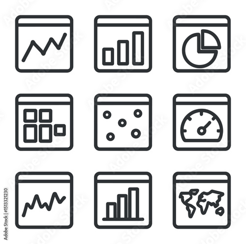 Dashboard Icon Set. Outline icon set of visualization dashboards: line chart, bar graph, pie chart, heatmap, scatter plot, gauge