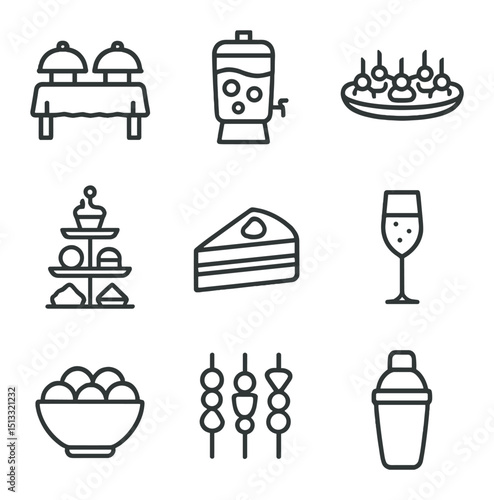 Food and Drink Icons. Outline icon set of food and drink stations: buffet table, drink dispenser, appetizer platter, dessert stand