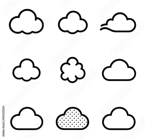 Cloud Texture Icons. Outline icon set of cloud texture elements: fluffy tuft, soft puff, wisp trail, cotton ball, fiber cluster,