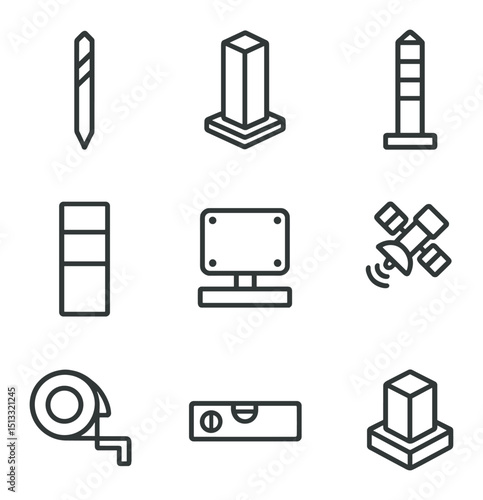 Border Marker Icons. Outline icon set of border demarcation markers: survey stake, concrete pillar, boundary post, paint stripe,