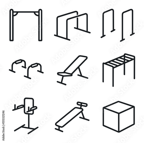 Bodyweight Exercise Icons. Outline icon set of bodyweight exercises: pull-up bar, parallel bars, dip station, push-up handles,
