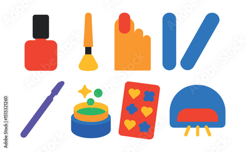 Flat vector icons of nail art and design: nail polish bottle, nail brush, manicure hand, nail file, cuticle pusher, glitter powder, nail stickers, UV lamp.