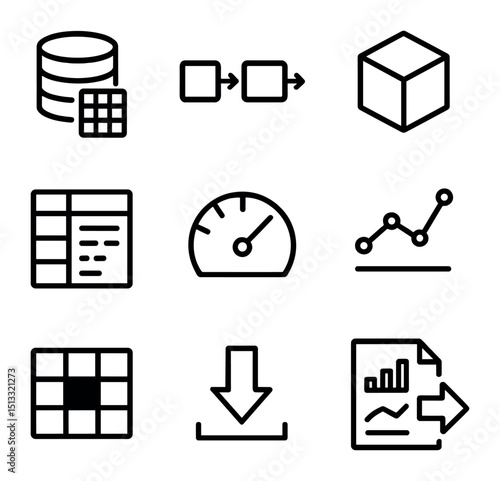 Data Analytics Icons. Outline icon set of data analytics and BI: data warehouse, ETL pipeline, OLAP cube, pivot table, KPI gauge,