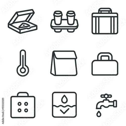 Food Delivery Bag Icons. Outline icon set of food delivery bag features: pizza box slot, drink holders, insulated walls,