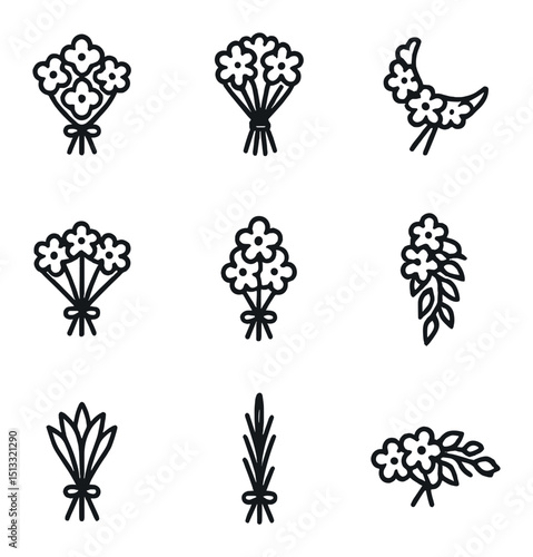 Bouquet Shape Icons. Outline icon set of bouquet shape inspirations: round posy, hand-tied spiral, crescent cresp, fan shape,