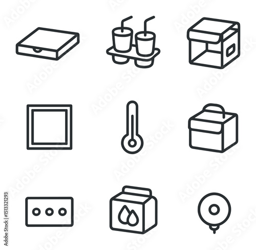 Food Delivery Bag Icons. Outline icon set of food delivery bag features: pizza box slot, drink holders, insulated walls,
