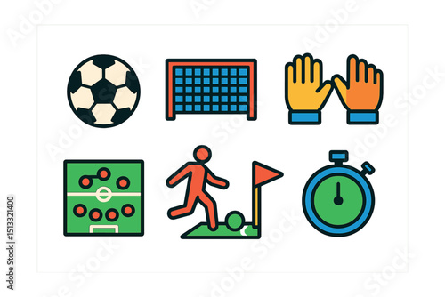 Flat vector icons of soccer: soccer ball, goal net, goalkeeper gloves, penalty kick, team formation, corner flag, stadium bench, match time.