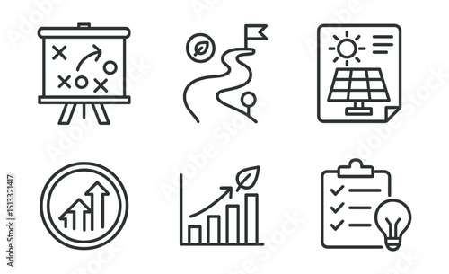 Line style icons of sustainable energy: strategy board for renewables, path to zero-carbon layout, solar implementation plan, step-by-step strategy badge, growth forecast in green tech, tactical