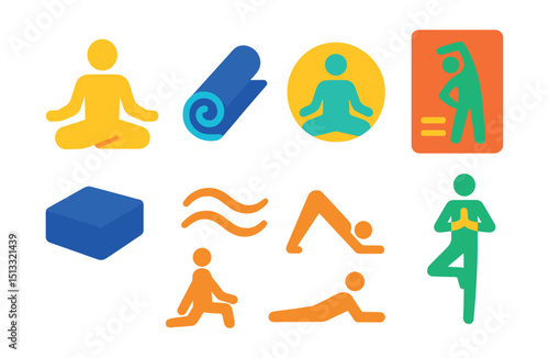 Flat vector icons of yoga and stretching: lotus pose, yoga mat, meditation icon, stretching guide, yoga block, breathing wave, pose sequence, balance icon.