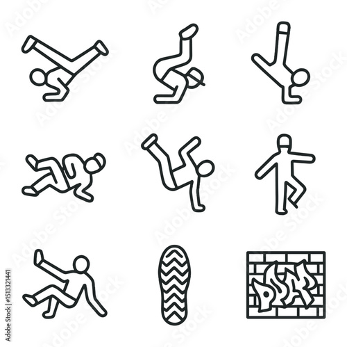 Breakdance Icon Set. Outline icon set of breakdance basics: windmill spin, headspin, baby freeze, backspin, power move flash,