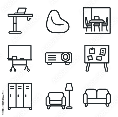 Co-Working Icons Set. Outline icon set of global co-working spaces: standing desk, bean bag chair, meeting room, coffee station,