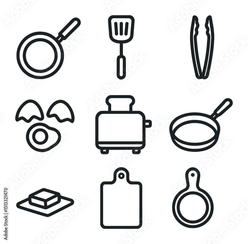 Breakfast Tools Icons. Outline icon set of breakfast cooking tools: frying pan, spatula flip, tongs grip, egg cracked, toaster