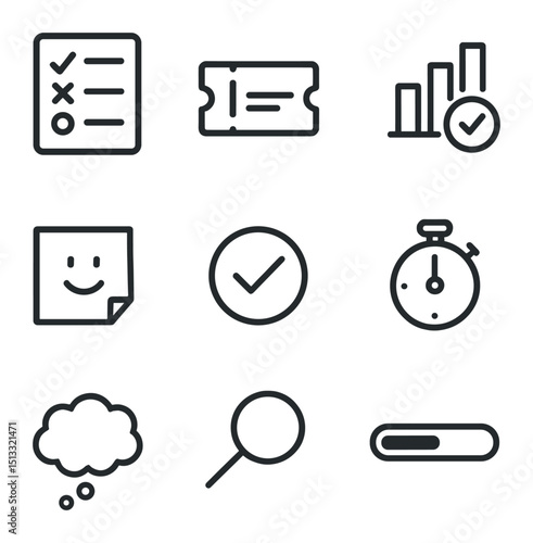 Formative Assessment Icons. Outline icon set of formative assessment techniques: quiz sheet, exit ticket card, poll icon, sticky