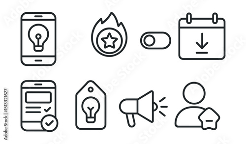 Line style icons of social media: innovation in app icon, trending feature badge, early access toggle, feature drop calendar, UI enhancement screen, fresh UX idea tag, creative rollout icon.