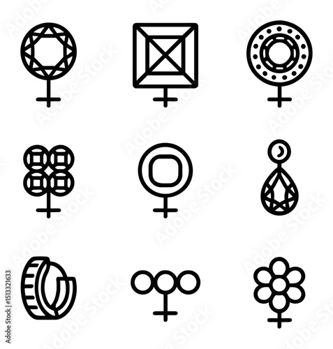 Diamond Stud Earrings Icons. Outline icon set of diamond stud earrings: round stud, princess stud, halo stud, cluster stud, bezel