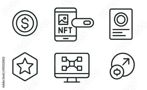 Line style icons of social media: social crypto badge, NFT in feed icon, wallet connection toggle, token content card, verified drop badge, blockchain asset viewer, mint and share button.